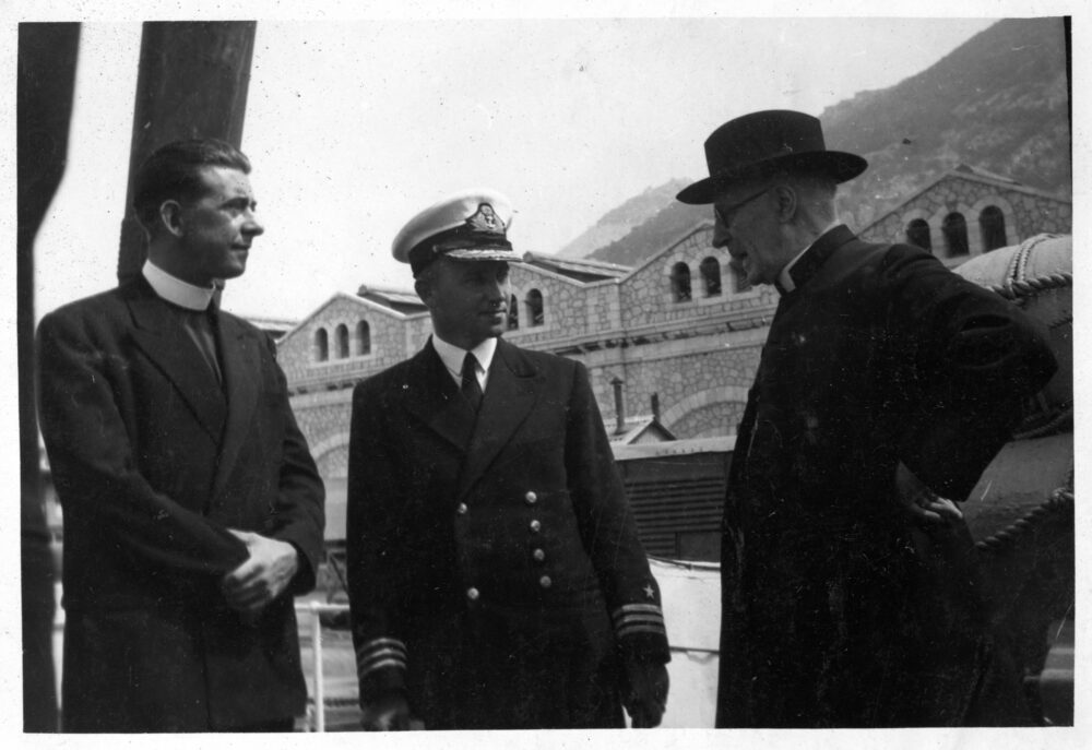 Group on board L.E. Macha on occasion of visit of His Lordship, Most Rev Dr Fitzgerald, Bishop of Gibraltar. Left to Right: Fr Devlin, Commander T. McKenna, His Lordship