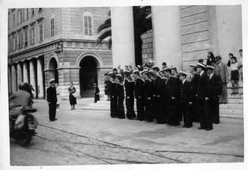 Ratings and Petty Officers of the L.E. Macha forming up outside Church after attending Mass 5/9/48.
