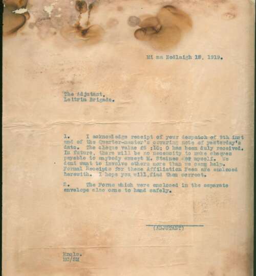 CP_02_25:  Adjutant [Michael Collins] to the Adjutant, Leitrim Brigade, 18th December 1919.  Collins wrote this in response to a cheque received that was made payable to Jenny Mason, Collins’ confidential typist.