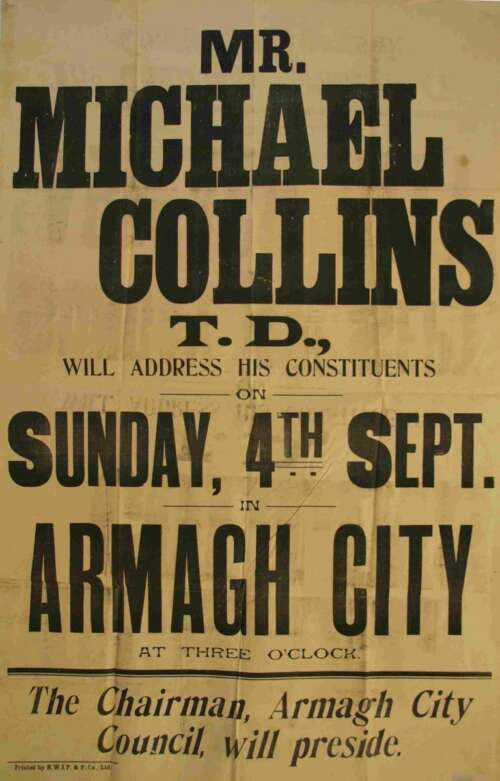 CP-06-02-10: Poster highlighting the visit of Michael Collins, T.D. to Armagh on 4th September 1921