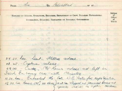 Logbook of the L.E. Macha dated 6th September 1948 recording the embarkation of the remains of W.B. Yeats